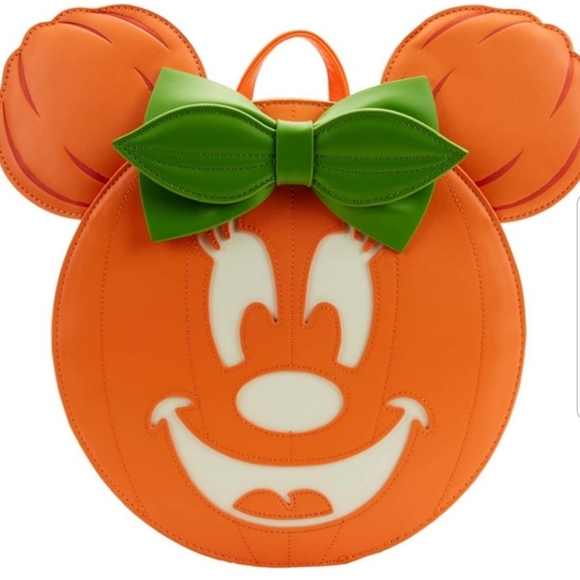 Loungefly Disney Glow Face Minnie Pumpkin Double Strap Backpack Purse Halloween - Picture 2 of 15